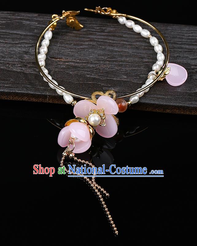 Chinese Handmade Pearls Bracelet Classical Jewelry Accessories Ancient Hanfu Pink Flower Bangle for Women