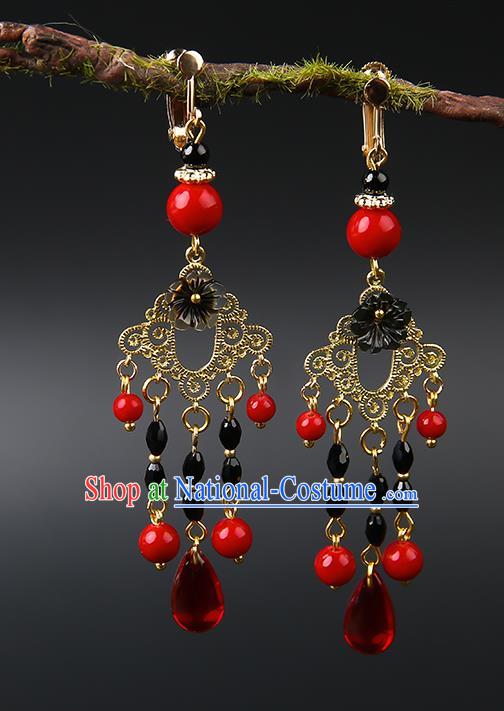 Handmade Chinese Black Flower Ear Accessories Classical Eardrop Ancient Women Hanfu Tassel Earrings