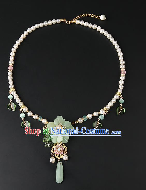 Chinese Handmade Green Peach Blossom Necklet Classical Jewelry Accessories Ancient Hanfu Pearls Necklace for Women