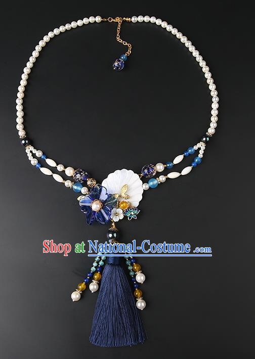 Chinese Handmade Navy Tassel Necklet Classical Jewelry Accessories Ancient Hanfu Pearls Necklace for Women