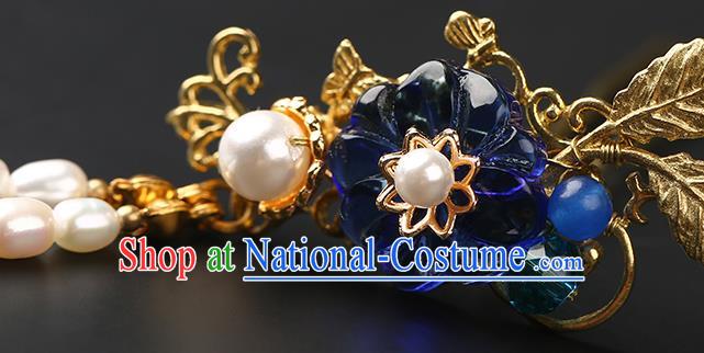 Chinese Classical Pearls Tassel Hair Clip Hanfu Hair Accessories Handmade Ancient Princess Navy Plum Hairpins for Women