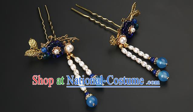 Chinese Classical Pearls Tassel Hair Clip Hanfu Hair Accessories Handmade Ancient Princess Navy Plum Hairpins for Women