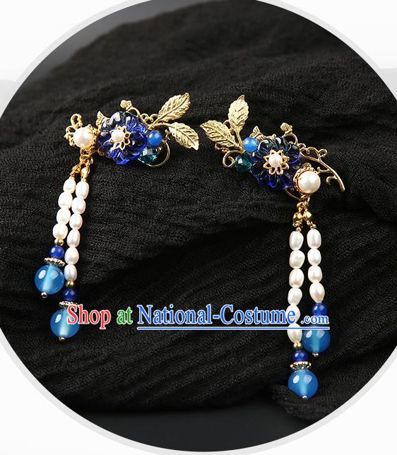 Chinese Classical Pearls Tassel Hair Clip Hanfu Hair Accessories Handmade Ancient Princess Navy Plum Hairpins for Women