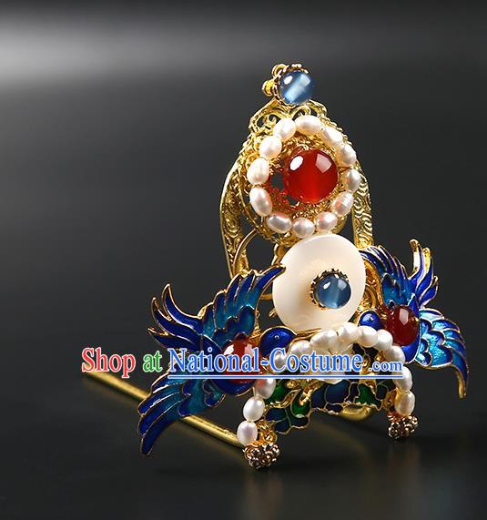 Chinese Classical Qing Dynasty Blueing Cranes Hair Crown Hanfu Hair Accessories Handmade Ancient Empress Pearls Hairpins for Women