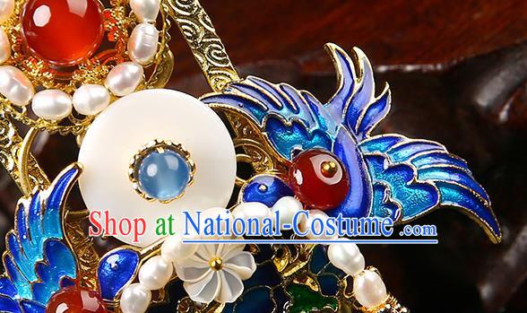 Chinese Classical Qing Dynasty Blueing Cranes Hair Crown Hanfu Hair Accessories Handmade Ancient Empress Pearls Hairpins for Women