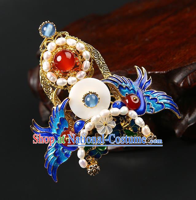 Chinese Classical Qing Dynasty Blueing Cranes Hair Crown Hanfu Hair Accessories Handmade Ancient Empress Pearls Hairpins for Women