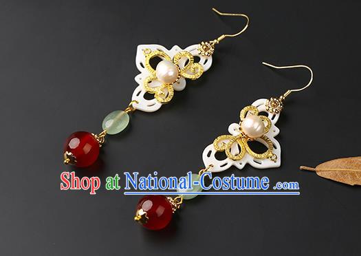 Handmade Chinese Shell Ear Accessories Classical Eardrop Ancient Women Hanfu Jade Bead Earrings