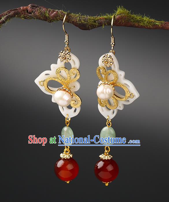 Handmade Chinese Shell Ear Accessories Classical Eardrop Ancient Women Hanfu Jade Bead Earrings