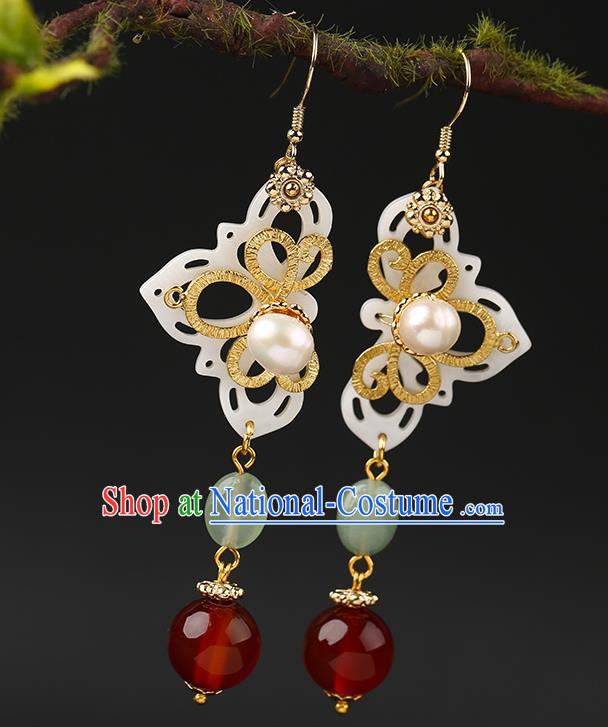 Handmade Chinese Shell Ear Accessories Classical Eardrop Ancient Women Hanfu Jade Bead Earrings