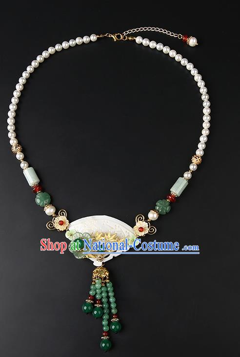 Chinese Handmade Song Dynasty Shell Necklet Classical Jewelry Accessories Ancient Hanfu Jade Tassel Necklace for Women