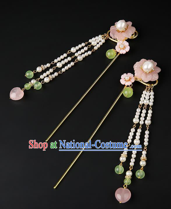 Chinese Classical Pink Plum Hair Clip Hanfu Hair Accessories Handmade Ancient Song Dynasty Imperial Concubine Beads Tassel Hairpins for Women