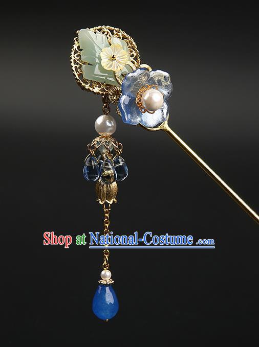 Chinese Classical Blue Stone Tassel Hair Clip Hanfu Hair Accessories Handmade Ancient Princess Hairpins for Women