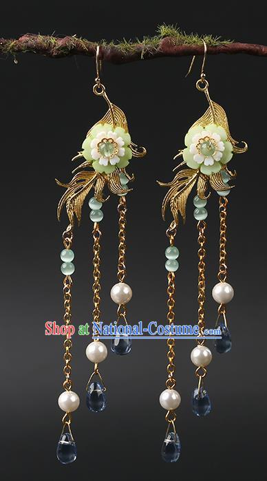 Handmade Chinese Green Flower Ear Accessories Classical Eardrop Ancient Women Hanfu Long Tassel Earrings