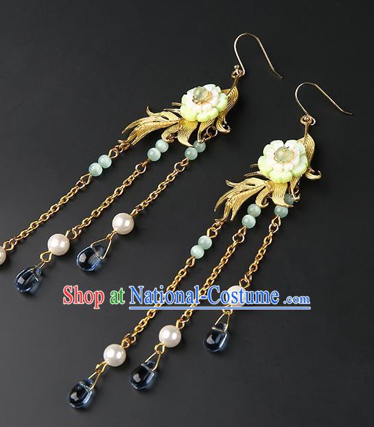 Handmade Chinese Green Flower Ear Accessories Classical Eardrop Ancient Women Hanfu Long Tassel Earrings