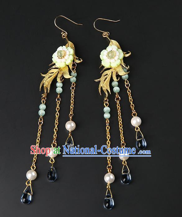 Handmade Chinese Green Flower Ear Accessories Classical Eardrop Ancient Women Hanfu Long Tassel Earrings