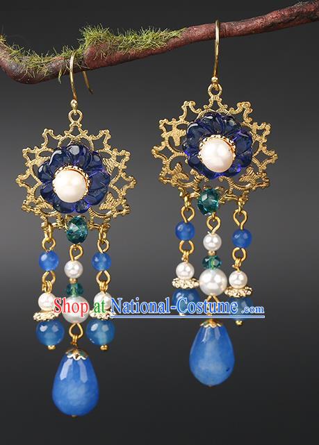 Handmade Chinese Plum Blossom Ear Accessories Classical Eardrop Ancient Women Hanfu Blue Beads Tassel Earrings