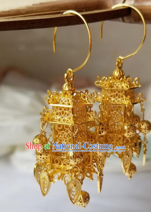 Handmade Chinese Court Woman Ear Accessories Classical Eardrop Ancient Empress Hanfu Golden Earrings