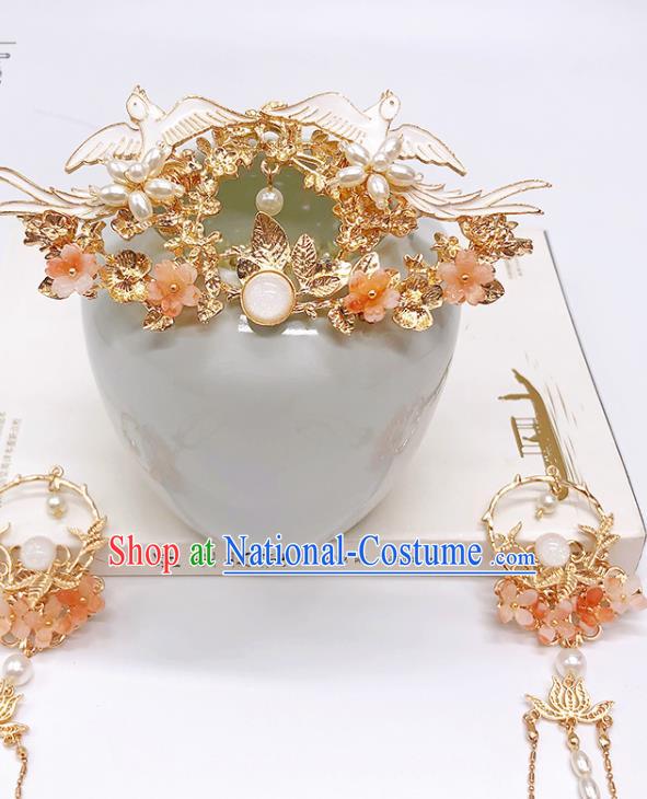 Chinese Classical Birds Hair Crown Women Hanfu Hair Accessories Handmade Ancient Princess Golden Hairpins