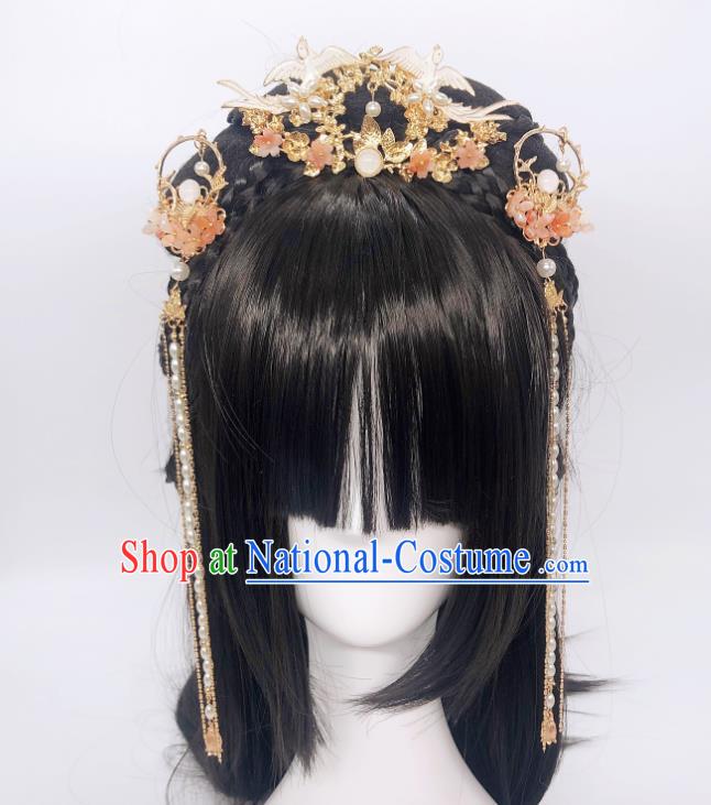 Chinese Classical Birds Hair Crown Women Hanfu Hair Accessories Handmade Ancient Princess Golden Hairpins