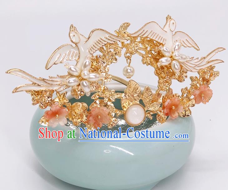 Chinese Classical Birds Hair Crown Women Hanfu Hair Accessories Handmade Ancient Princess Golden Hairpins