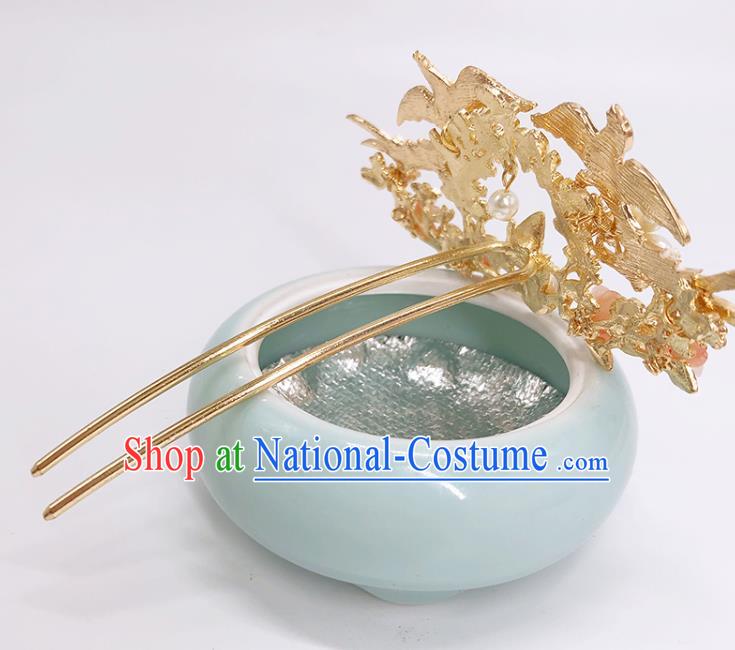 Chinese Classical Birds Hair Crown Women Hanfu Hair Accessories Handmade Ancient Princess Golden Hairpins