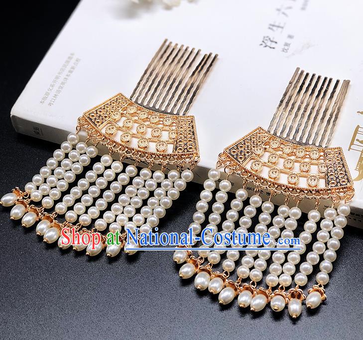 Chinese Classical Golden Hair Comb Women Hanfu Hair Accessories Handmade Ancient Tang Dynasty Tassel Hairpins