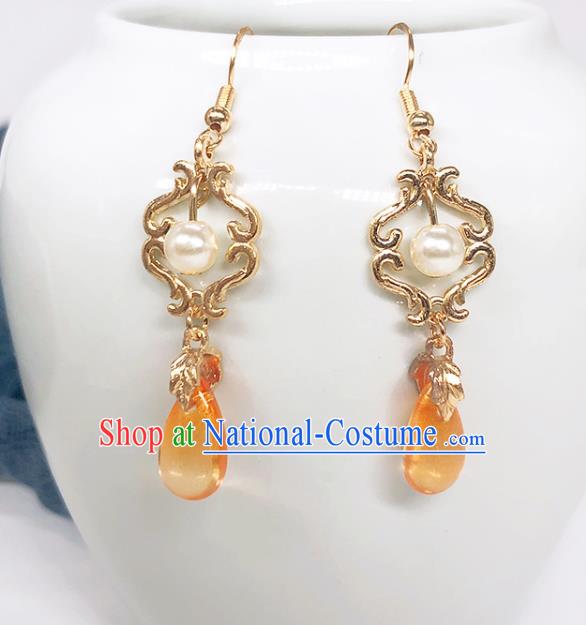 Handmade Chinese Classical Ear Accessories Eardrop Ancient Ming Dynasty Golden Court Women Hanfu Earrings