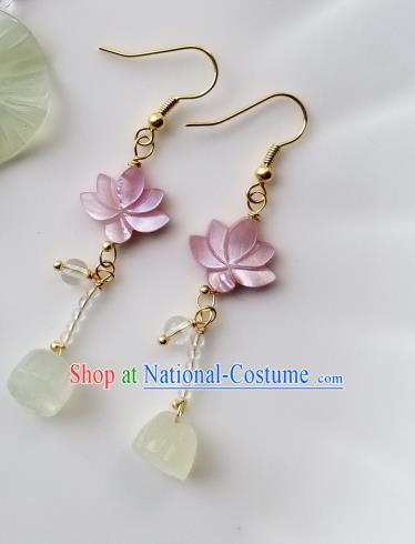 Handmade Chinese Pink Shell Lotus Ear Accessories Classical Eardrop Ancient Women Hanfu Earrings