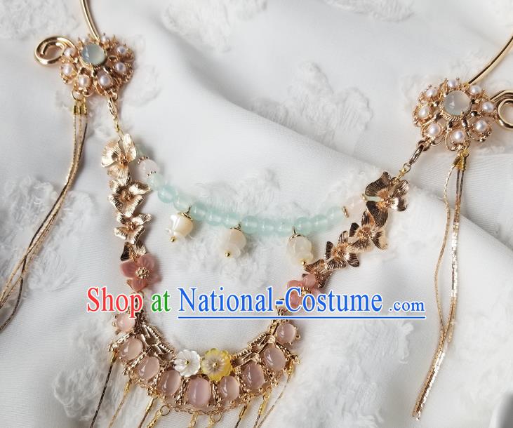 Chinese Handmade Ming Dynasty Pink Chalcedony Necklet Classical Jewelry Accessories Ancient Hanfu Golden Tassel Necklace for Women