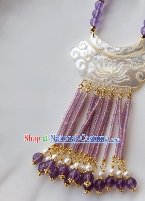 Chinese Handmade Shell Carving Lotus Necklet Classical Jewelry Accessories Ancient Hanfu Purple Beads Tassel Necklace for Women