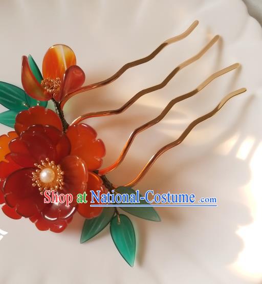 Chinese Classical Red Flower Hair Comb Hanfu Hair Accessories Handmade Ancient Queen Hairpins for Women