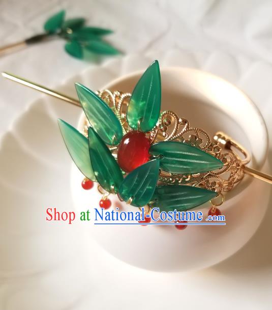 Chinese Classical Agate Hair Crown Hanfu Hair Accessories Handmade Ancient Queen Green Leaf Hairpins for Women