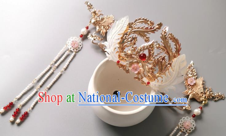 Chinese Classical Golden Phoenix Hair Crown Hanfu Hair Accessories Handmade Ancient Song Dynasty Queen Beads Tassel Hairpins for Women