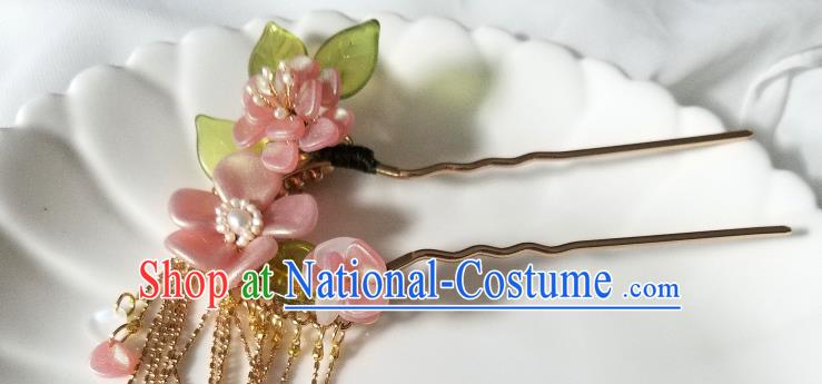 Chinese Classical Golden Tassel Hair Clip Hanfu Hair Accessories Handmade Ancient Song Dynasty Queen Pink Flowers Hairpins for Women