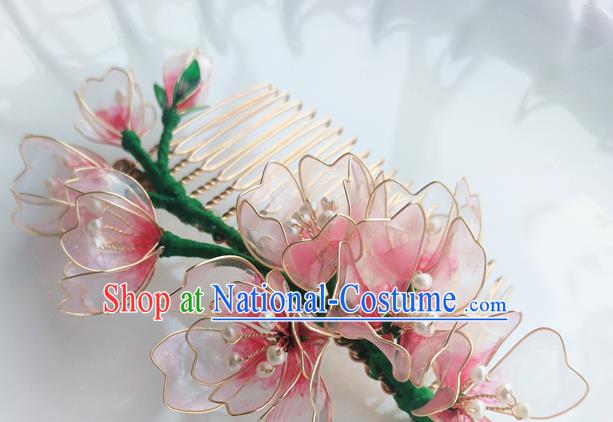 Chinese Classical Pink Flowers Hair Comb Hanfu Hair Accessories Handmade Ancient Queen Hairpins for Women