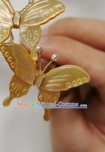 Chinese Classical Yellow Shell Butterfly Hair Stick Hanfu Hair Accessories Handmade Ancient Song Dynasty Princess Hairpins for Women