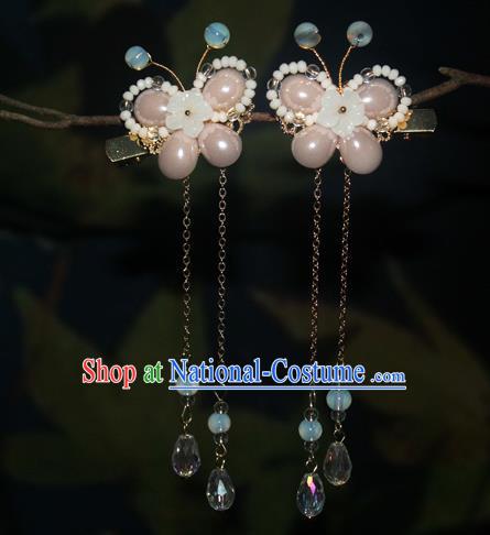 Chinese Classical Pink Pearls Butterfly Hair Sticks Hanfu Hair Accessories Handmade Ancient Princess Tassel Hair Claws for Women