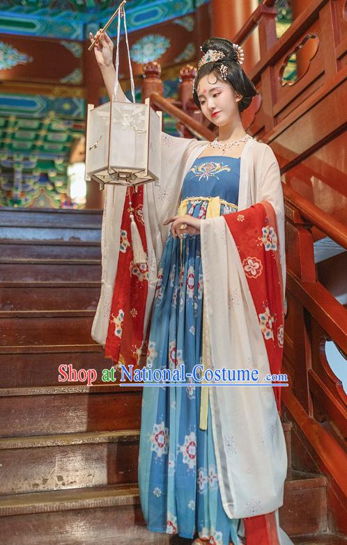 Chinese Ancient Imperial Concubine White Cloak and Blue Dress Traditional Tang Dynasty Historical Costumes Court Woman Hanfu Apparels