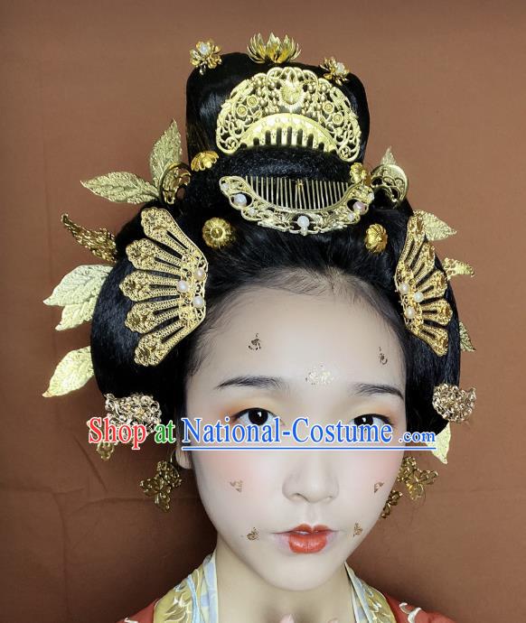 Chinese Classical Court Queen Golden Hair Combs Women Hanfu Hair Accessories Handmade Ancient Tang Dynasty Princess Hairpins Full Set