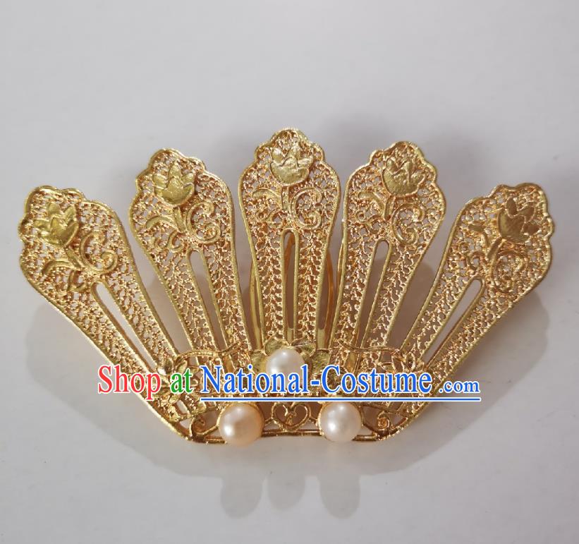 Chinese Classical Court Queen Golden Hair Comb Women Hanfu Hair Accessories Handmade Ancient Tang Dynasty Imperial Concubine Pearls Hairpins