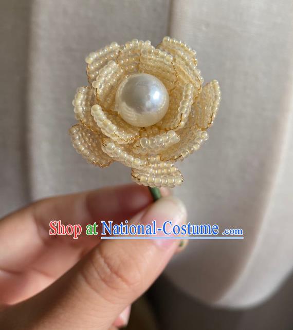 Chinese Classical Court Beige Beads Flower Hair Clip Women Hanfu Hair Accessories Handmade Ancient Qing Dynasty Princess Hairpins