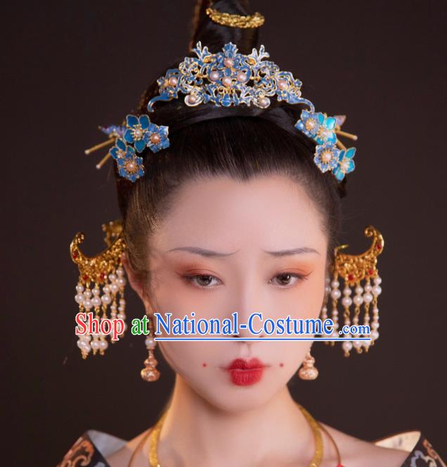 Chinese Classical Court Empress Hair Comb Women Hanfu Hair Accessories Handmade Ancient Ming Dynasty Blueing Hairpins Full Set