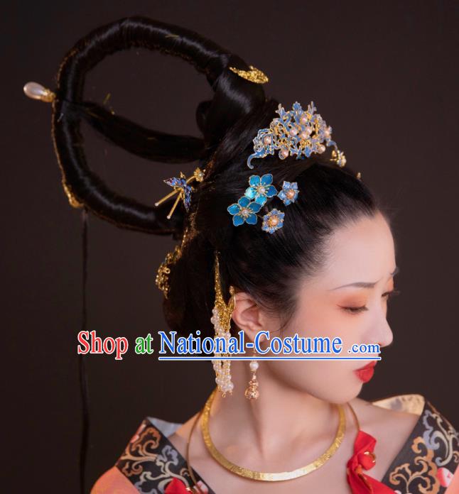 Chinese Classical Court Empress Hair Comb Women Hanfu Hair Accessories Handmade Ancient Ming Dynasty Blueing Hairpins Full Set