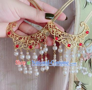 Chinese Classical Court Beads Tassel Hair Clip Women Hanfu Hair Accessories Handmade Ancient Tang Dynasty Golden Hairpins