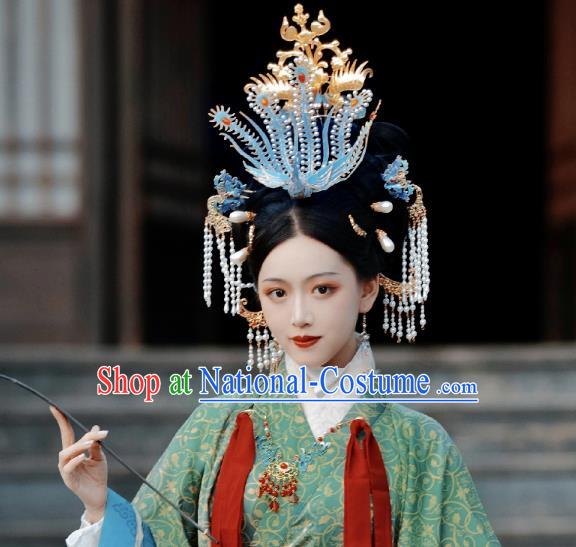 Chinese Classical Ancient Queen Phoenix Hair Crown Women Hanfu Hair Accessories Handmade Song Dynasty Empress Hairpins Complete Set