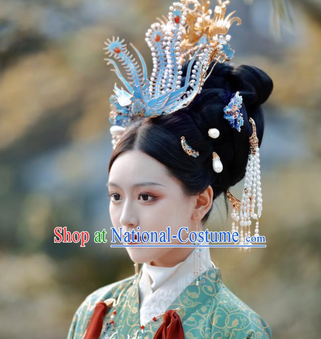 Chinese Classical Ancient Queen Phoenix Hair Crown Women Hanfu Hair Accessories Handmade Song Dynasty Empress Hairpins Complete Set