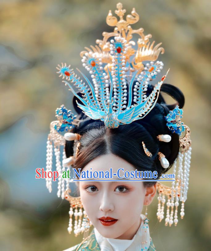 Chinese Classical Ancient Queen Phoenix Hair Crown Women Hanfu Hair Accessories Handmade Song Dynasty Empress Hairpins Complete Set