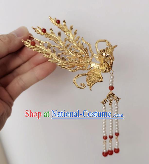 Chinese Classical Ancient Empress Golden Phoenix Hairpins Women Hanfu Hair Accessories Handmade Ming Dynasty Court Tassel Hair Clip