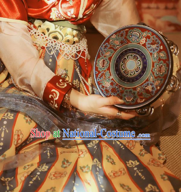 Chinese Classical Dance Drum Ancient Tang Dynasty Tabour Blue Ribbon Bells Tambourine