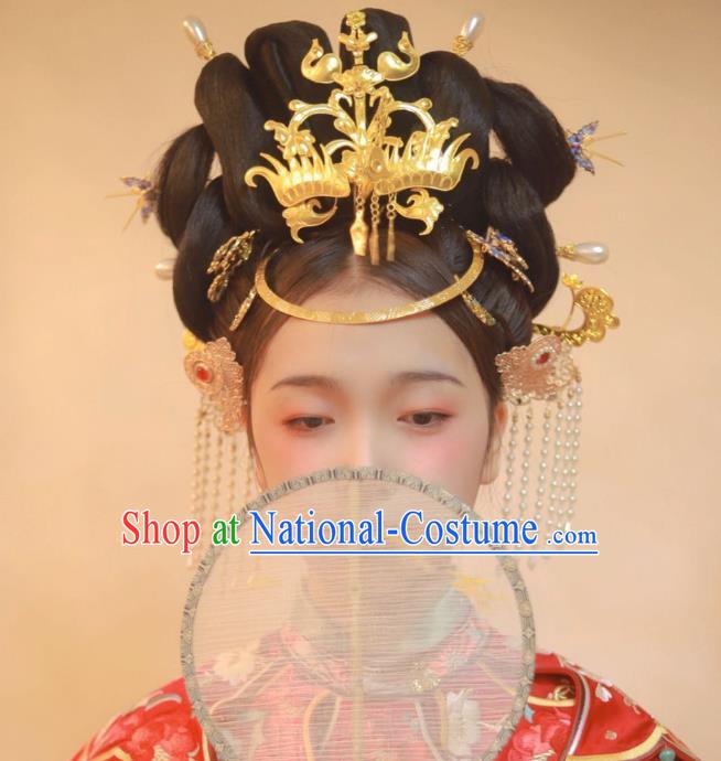 Chinese Classical Ancient Bride Wedding Phoenix Hairpins Women Hanfu Hair Accessories Handmade Tang Dynasty Court Golden Hair Crown Full Set